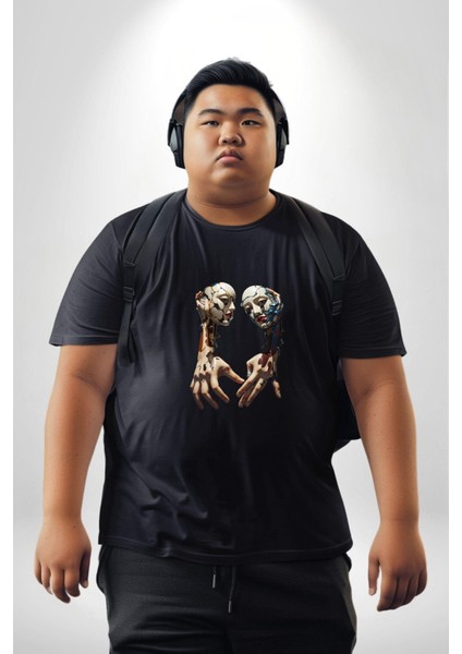 Yüz Yüze Ellerin Uyumu Siyah Büyük Beden Erkek Kadın Unisex Basic Ön Baskılı Tişört indirimleri