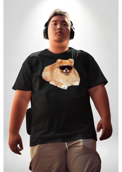 Pomernian Köpek Siyah Büyük Beden Erkek Kadın Unisex Basic Ön Baskılı Tişört