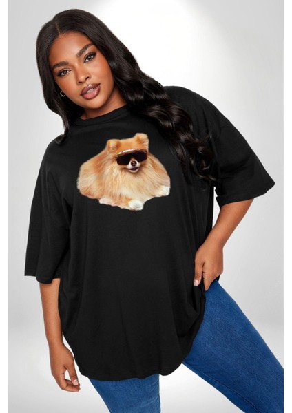 Pomernian Köpek Siyah Büyük Beden Erkek Kadın Unisex Basic Ön Baskılı Tişört fiyatları
