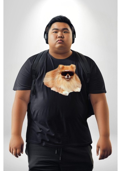 Pomernian Köpek Siyah Büyük Beden Erkek Kadın Unisex Basic Ön Baskılı Tişört indirimleri