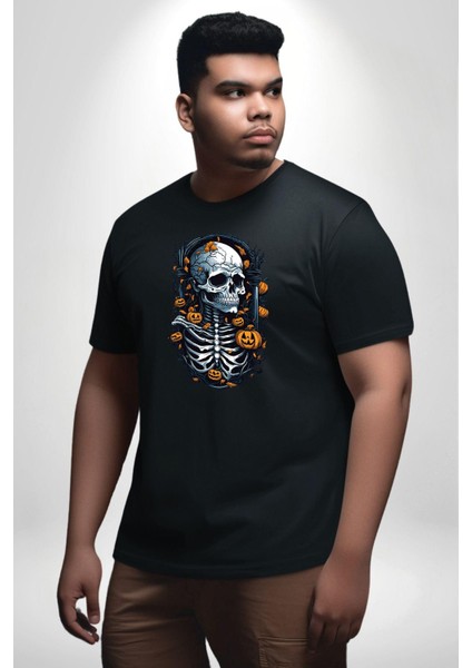 Cadılar Bayramı Kuru Kafa Siyah Büyük Beden Erkek Kadın Unisex Basic Ön Baskılı Tişört fiyatları