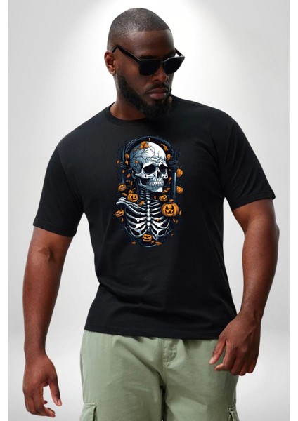 Cadılar Bayramı Kuru Kafa Siyah Büyük Beden Erkek Kadın Unisex Basic Ön Baskılı Tişört indirimleri