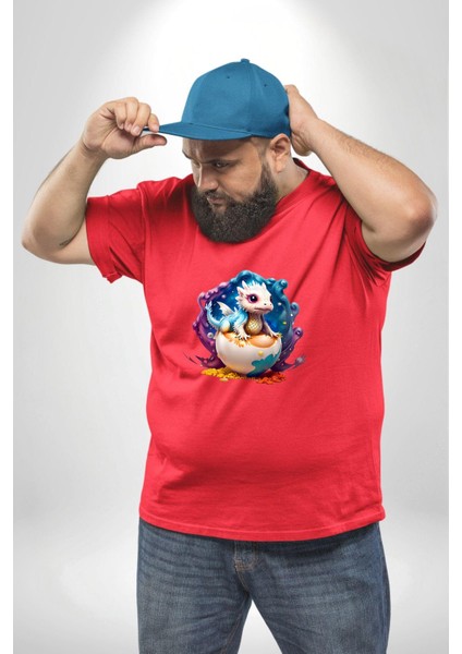 Sevimli Bebek Ejderha Elmas Yumurta Kırmızı Büyük Beden Erkek Kadın Unisex Basic Ön Baskılı Tişört