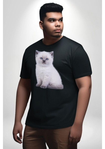 Beyaz Yavru Kedi Siyah Büyük Beden Erkek Kadın Unisex Basic Ön Baskılı Tişört