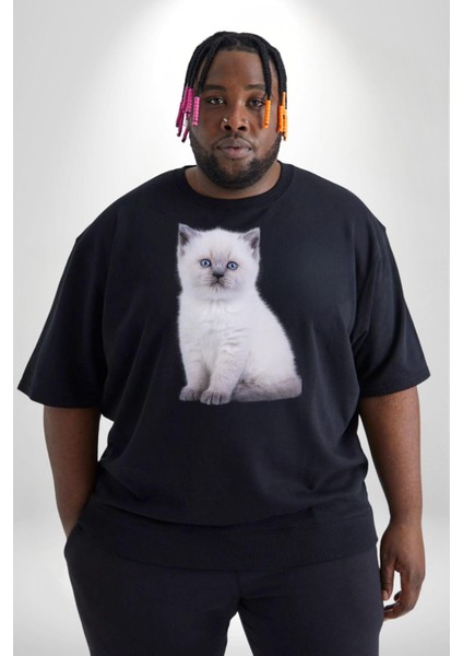 Beyaz Yavru Kedi Siyah Büyük Beden Erkek Kadın Unisex Basic Ön Baskılı Tişört fiyatları