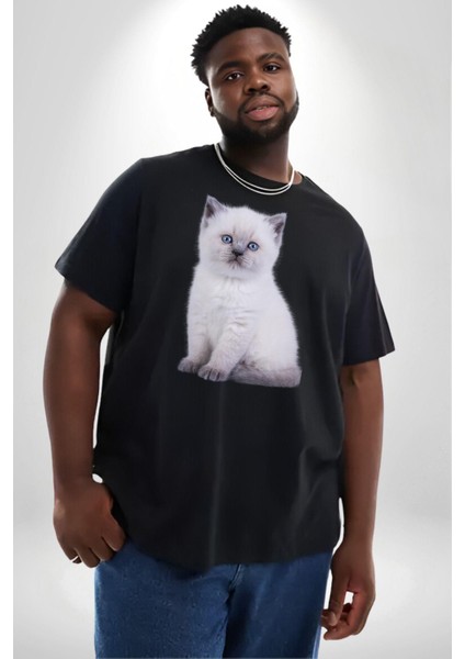 Beyaz Yavru Kedi Siyah Büyük Beden Erkek Kadın Unisex Basic Ön Baskılı Tişört modelleri