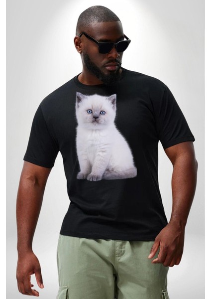 Beyaz Yavru Kedi Siyah Büyük Beden Erkek Kadın Unisex Basic Ön Baskılı Tişört fırsatları