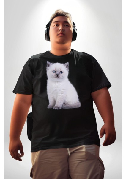 Beyaz Yavru Kedi Siyah Büyük Beden Erkek Kadın Unisex Basic Ön Baskılı Tişört indirimleri