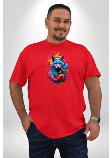 Renkli Kurt Kırmızı Büyük Beden Erkek Kadın Unisex Basic Ön Baskılı Tişört fiyatları