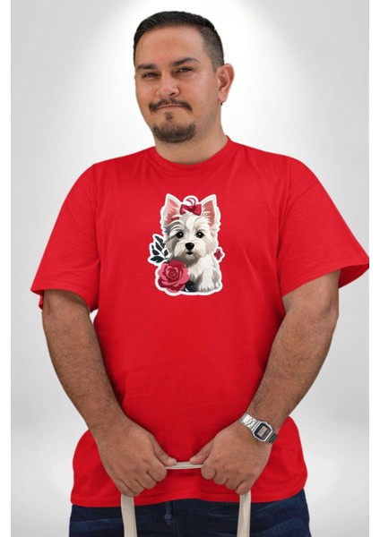 Beyaz Highland Teriyeri Kırmızı Gül Kırmızı Büyük Beden Erkek Kadın Unisex Basic Ön Baskılı Tişört