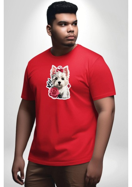 Beyaz Highland Teriyeri Kırmızı Gül Kırmızı Büyük Beden Erkek Kadın Unisex Basic Ön Baskılı Tişört modelleri