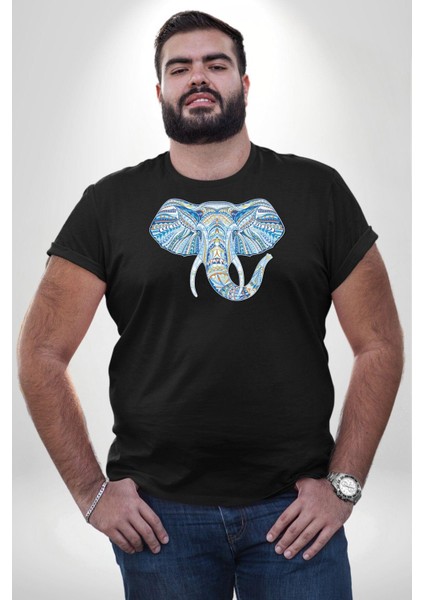 Mandala Renkli Fil Siyah Büyük Beden Erkek Kadın Unisex Basic Ön Baskılı Tişört