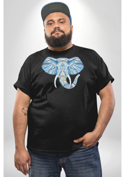 Mandala Renkli Fil Siyah Büyük Beden Erkek Kadın Unisex Basic Ön Baskılı Tişört