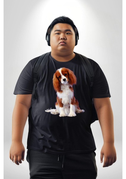 Cavalier King Charles Spaniel Siyah Büyük Beden Erkek Kadın Unisex Basic Ön Baskılı Tişört modelleri