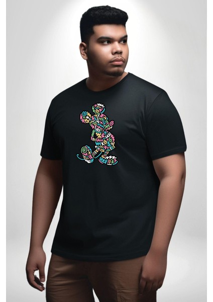 Mickey Yeni Nesil Tasarım Siyah Büyük Beden Erkek Kadın Unisex Basic Ön Baskılı Tişört