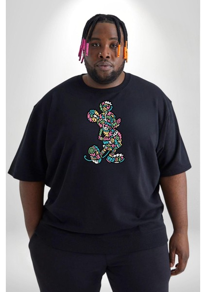 Mickey Yeni Nesil Tasarım Siyah Büyük Beden Erkek Kadın Unisex Basic Ön Baskılı Tişört