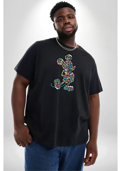 Mickey Yeni Nesil Tasarım Siyah Büyük Beden Erkek Kadın Unisex Basic Ön Baskılı Tişört