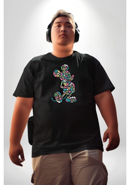 Mickey Yeni Nesil Tasarım Siyah Büyük Beden Erkek Kadın Unisex Basic Ön Baskılı Tişört