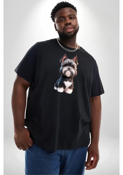 Sevimli Beyaz Gri Köpek Siyah Büyük Beden Erkek Kadın Unisex Basic Ön Baskılı Tişört