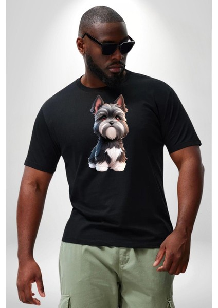 Sevimli Beyaz Gri Köpek Siyah Büyük Beden Erkek Kadın Unisex Basic Ön Baskılı Tişört fiyatları