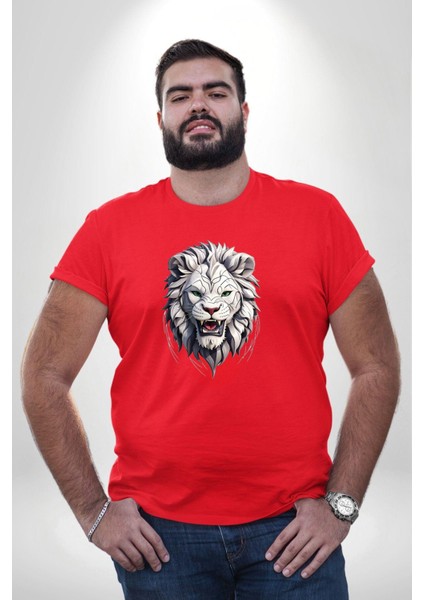 Beyaz Kaplan Kükreme Kırmızı Büyük Beden Erkek Kadın Unisex Basic Ön Baskılı Tişört