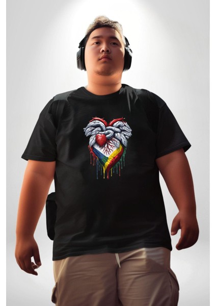 Kalp Damar Renkli Boyalı Siyah Büyük Beden Erkek Kadın Unisex Basic Ön Baskılı Tişört