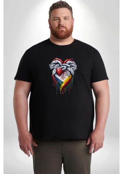Kalp Damar Renkli Boyalı Siyah Büyük Beden Erkek Kadın Unisex Basic Ön Baskılı Tişört fırsatları