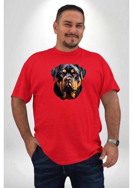 Rottweiler Kafası Kırmızı Büyük Beden Erkek Kadın Unisex Basic Ön Baskılı Tişört