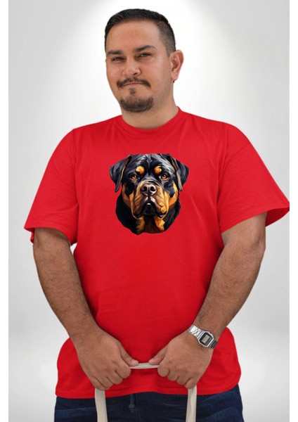 Rottweiler Kafası Kırmızı Büyük Beden Erkek Kadın Unisex Basic Ön Baskılı Tişört