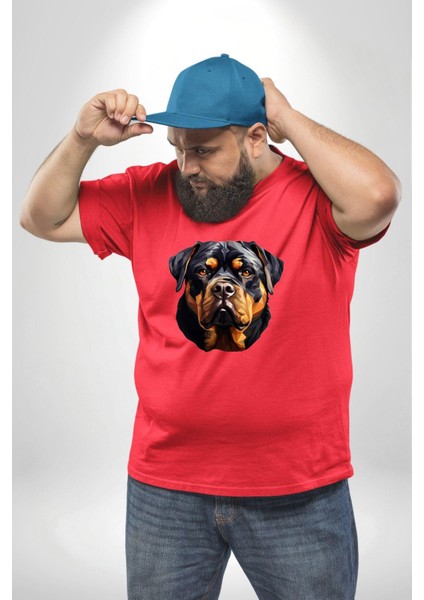 Rottweiler Kafası Kırmızı Büyük Beden Erkek Kadın Unisex Basic Ön Baskılı Tişört
