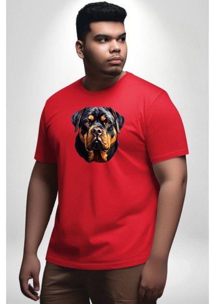Rottweiler Kafası Kırmızı Büyük Beden Erkek Kadın Unisex Basic Ön Baskılı Tişört