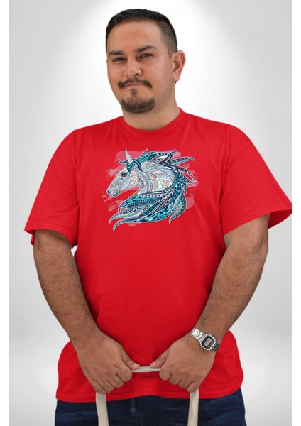 At Mandala Kafası Kırmızı Büyük Beden Erkek Kadın Unisex Basic Ön Baskılı Tişört