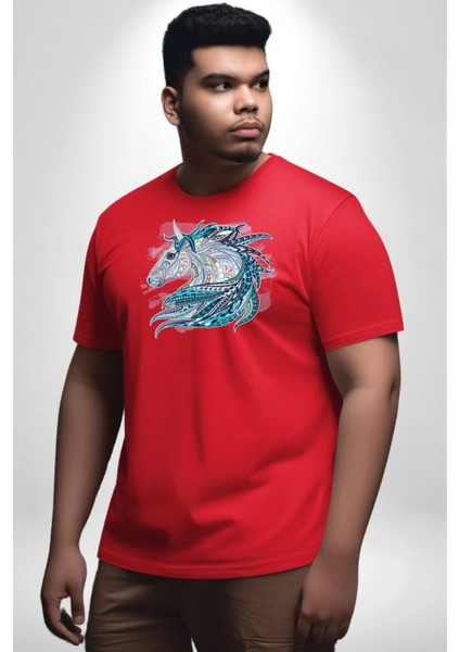 At Mandala Kafası Kırmızı Büyük Beden Erkek Kadın Unisex Basic Ön Baskılı Tişört modelleri