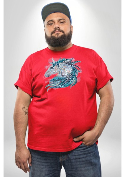 At Mandala Kafası Kırmızı Büyük Beden Erkek Kadın Unisex Basic Ön Baskılı Tişört fırsatları