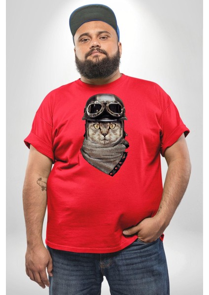 Kasket Bandana Motorcu Kedi Kırmızı Büyük Beden Erkek Kadın Unisex Basic Ön Baskılı Tişört