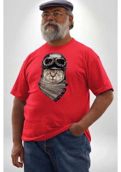 Kasket Bandana Motorcu Kedi Kırmızı Büyük Beden Erkek Kadın Unisex Basic Ön Baskılı Tişört modelleri