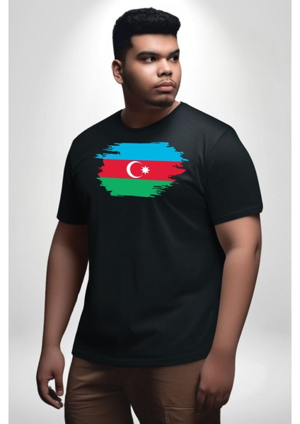 Azerbeycan Bayrağı Siyah Büyük Beden Erkek Kadın Unisex Basic Ön Baskılı Tişört