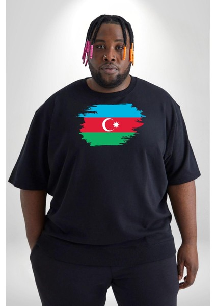 Azerbeycan Bayrağı Siyah Büyük Beden Erkek Kadın Unisex Basic Ön Baskılı Tişört