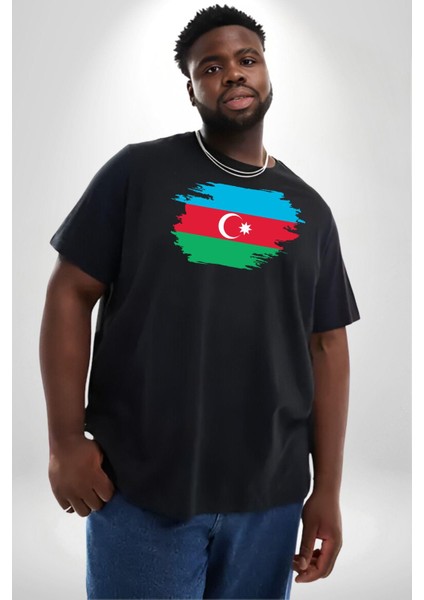 Azerbeycan Bayrağı Siyah Büyük Beden Erkek Kadın Unisex Basic Ön Baskılı Tişört