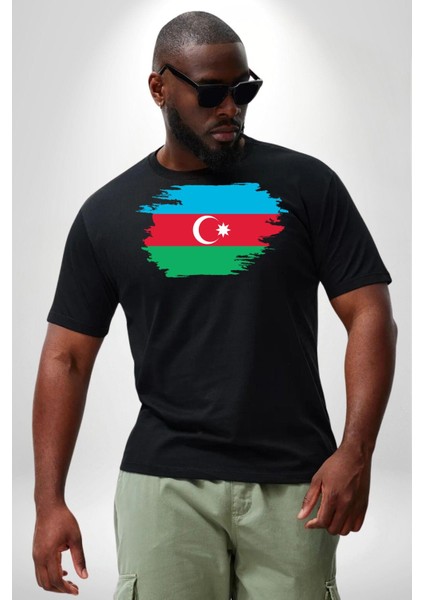 Azerbeycan Bayrağı Siyah Büyük Beden Erkek Kadın Unisex Basic Ön Baskılı Tişört