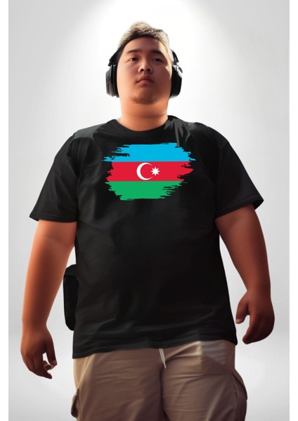 Azerbeycan Bayrağı Siyah Büyük Beden Erkek Kadın Unisex Basic Ön Baskılı Tişört