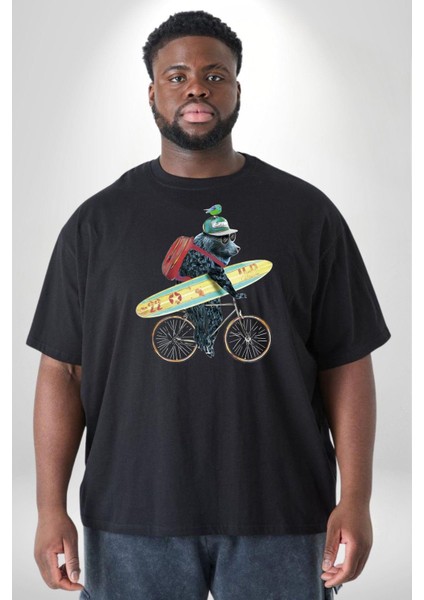 Komik Köpek Sörf Tahtası Bisiklet Siyah Büyük Beden Erkek Kadın Unisex Basic Ön Baskılı Tişört