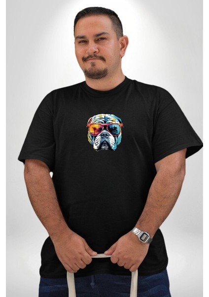 Bull Terier Köpek Gözlük Renkli Siyah Büyük Beden Erkek Kadın Unisex Basic Ön Baskılı Tişört