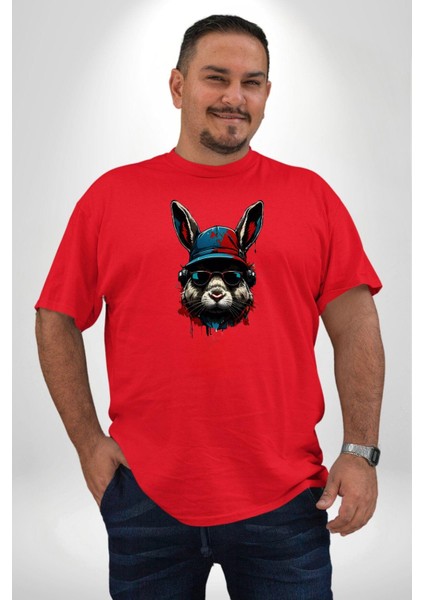 Müzik Şapka Gözlük Takan Tavşan Kırmızı Büyük Beden Erkek Kadın Unisex Basic Ön Baskılı Tişört