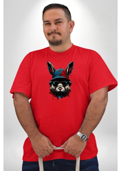 Müzik Şapka Gözlük Takan Tavşan Kırmızı Büyük Beden Erkek Kadın Unisex Basic Ön Baskılı Tişört fiyatları