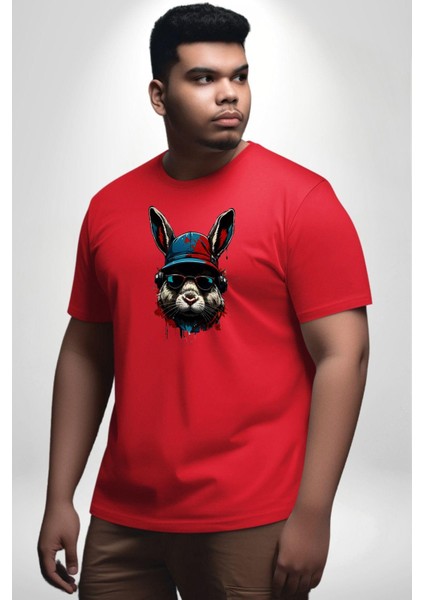 Müzik Şapka Gözlük Takan Tavşan Kırmızı Büyük Beden Erkek Kadın Unisex Basic Ön Baskılı Tişört fırsatları