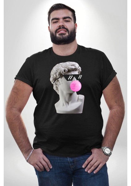 Gözlüklü David'İn Kafasının Alçı Heykeli Siyah Büyük Beden Erkek Kadın Unisex Basic Ön Baskılı Tişört