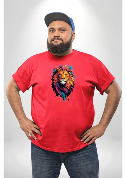 Renkli Yağlı Boya Aslan Kırmızı Büyük Beden Erkek Kadın Unisex Basic Ön Baskılı Tişört fiyatları