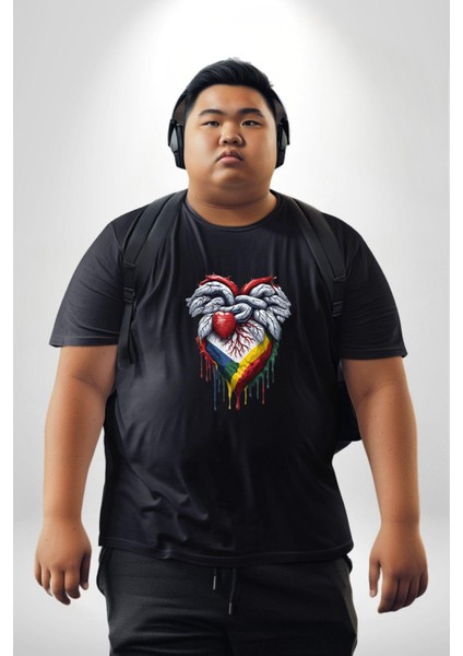 Kalp Damar Renkli Boyalı Siyah Büyük Beden Erkek Kadın Unisex Basic Ön Baskılı Tişört indirimleri