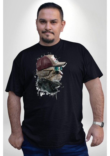 Pilot Çeketli Deri Şapkalı Cool Kedi Siyah Büyük Beden Erkek Kadın Unisex Basic Ön Baskılı Tişört